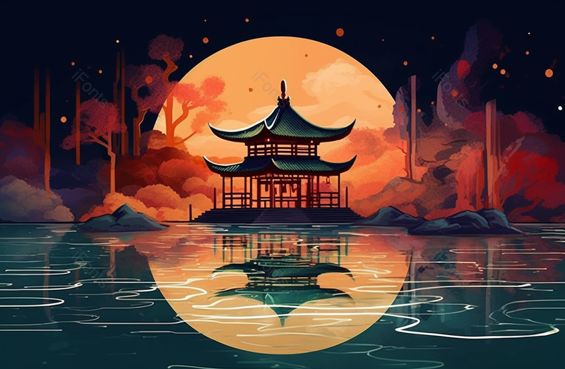 中国风山水凉亭亭台楼阁满月圆月背景夜空下宁静的湖面插画,插画/手绘图,插画/手绘图库,插画/手绘图下载,插画/手绘